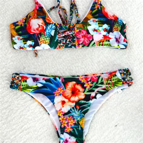 women s sexy triangle print floral cross bandage bathing beachwear