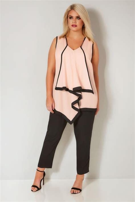 yours london light pink and black asymmetric ruffle blouse