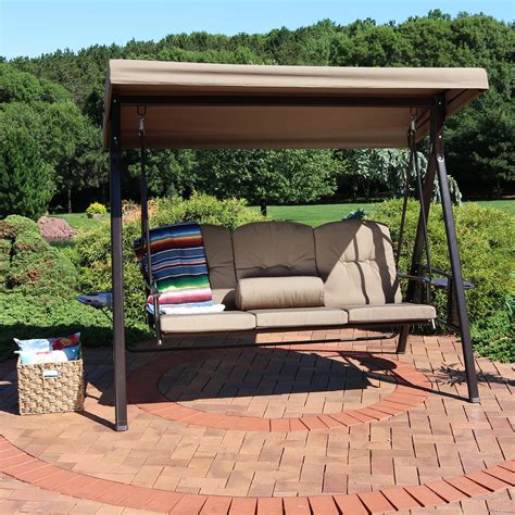 sunnydaze  person steel frame outdoor adjustable tilt canopy patio swing  side tables