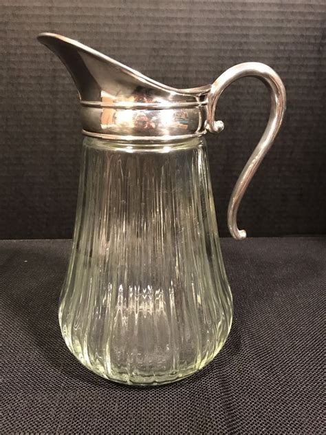 Vintage Silver Water Pitcher Silver Plated Ribbed Glass Pitcher Vtg