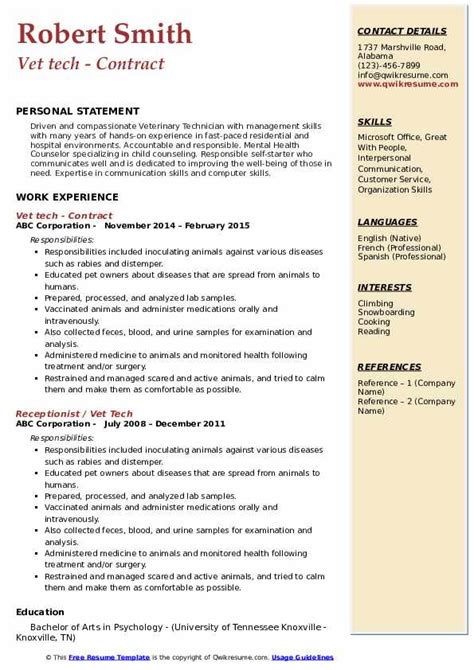 vet tech resume samples qwikresume