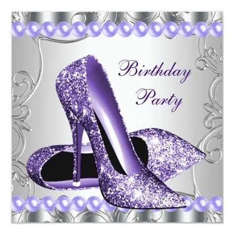 glitter pearls purple high heels shoes birthday invitation zazzle
