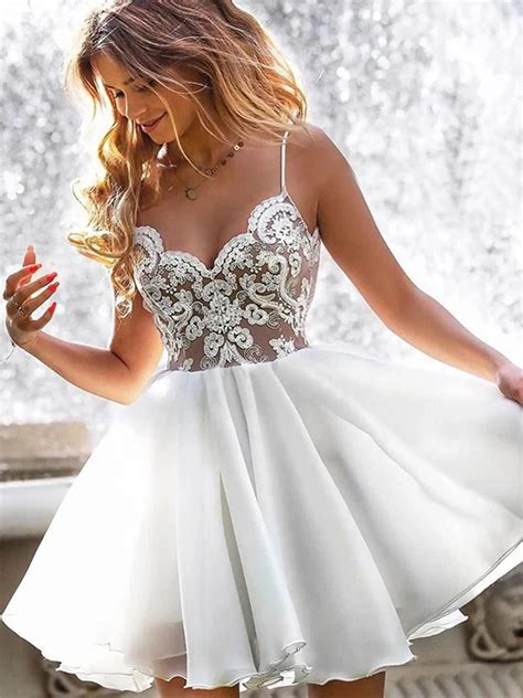 A Line V Neck Short White Lace Prom Dresses Short White Lace Formal E