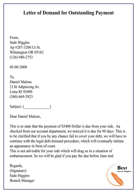 letter  demand  outstanding payment   letter template