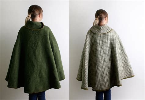 vintage wool cape reversible dark olive green  white coat