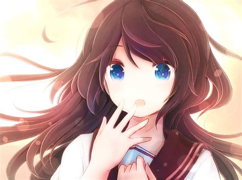 artistic anime girl brown hair blue eyes