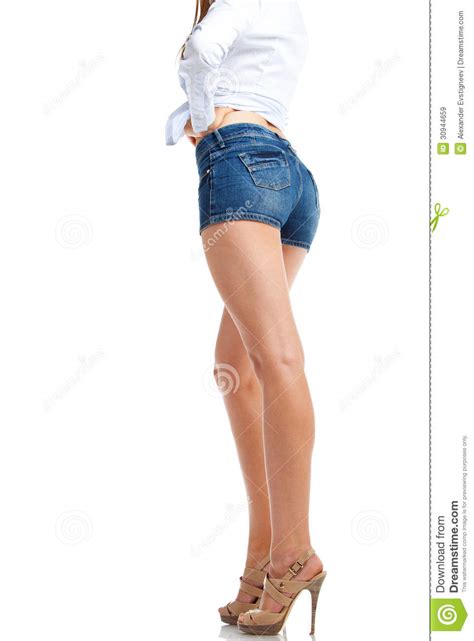 Sexy Woman Legs In Jean Shorts Isolated On White