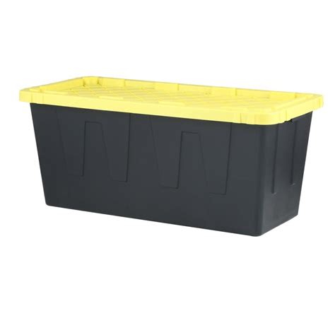 hdx  gal tough storage tote  black  yellow lid hdxgonline  home depot tote