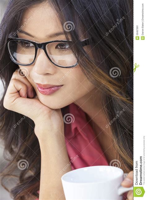asian chinese woman girl in glasses drinking coffee stock image image of happy casual 59467991