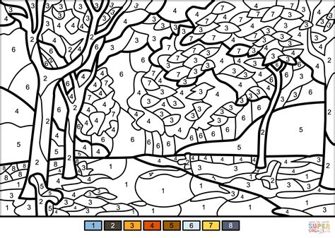 fall trees color  number  printable coloring pages