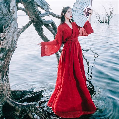 Khale Yose Autumn 2018 Modern Hanfu Dress Long Sleeve Red Women Wrap