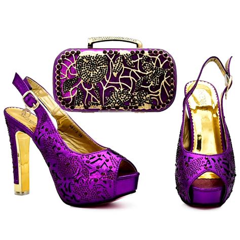 Purple African Aso Ebi Wedding High Heel Shoes And Bag Set Matching