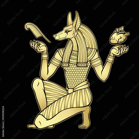 animation portrait ancient egyptian god anubis holds human heart   afterlife ritual god