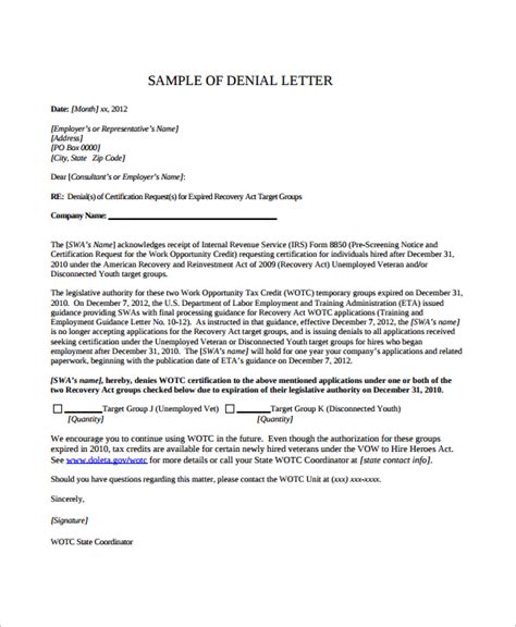 sample letter  credit denial