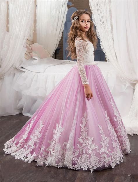 princess long sleeves lace flower girl dresses  vestidos puffy