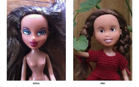 an artist is giving bratz dolls drastic make unders to make them less