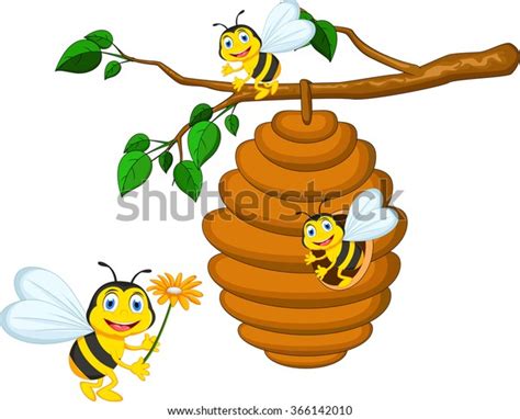 Bees Cartoon Holding Flower And A Beehive