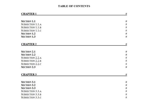 table  contents template word table  contents word template