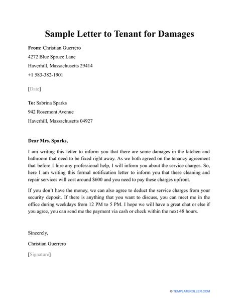 sample letter  tenant  damages fill  sign