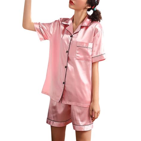 pink hot silk satin pajamas pyjamas set short sleeve sleepwear pajamas suit female sleep