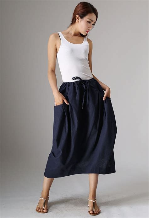 midi skirt linen skirt blue skirt casual skirt drawstring etsy