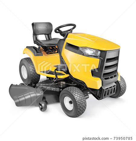 yellow riding lawn mower isolated  white stock photo