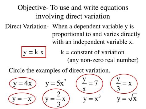 objective    write equations involving direct variation