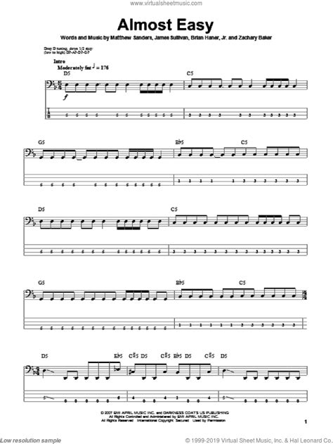 Sevenfold Almost Easy Sheet Music For Bass Tablature
