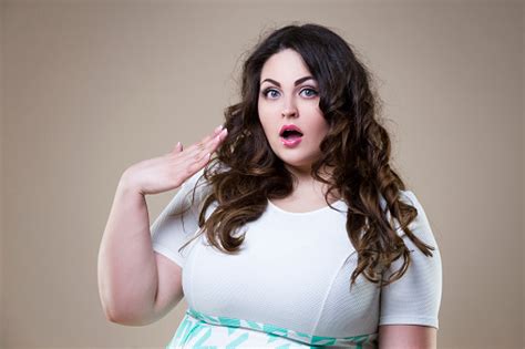 surprised plus size fashion model fat emotional woman on beige