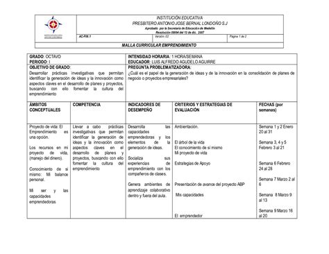 Calaméo Malla Curricular Emprendimiento Pi Octavo