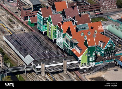 netherlands zaandam central station  town hall typical dutch house fronts aerial