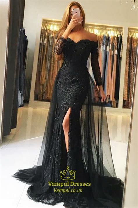 Black Off Shoulder Long Sleeve Lace Applique Tulle Overlay Prom Dress