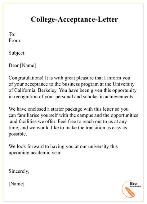 college acceptance letter template format sample examples  letter template college