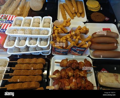 display  fried meats   belgian snackbar frituur stock photo alamy