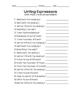 writing expressions worksheet  middle school teachaholic tpt