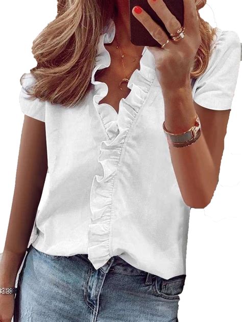 women beach  neck ruffle short sleeve  shirt ladies casual basic blouse shirts tops frill