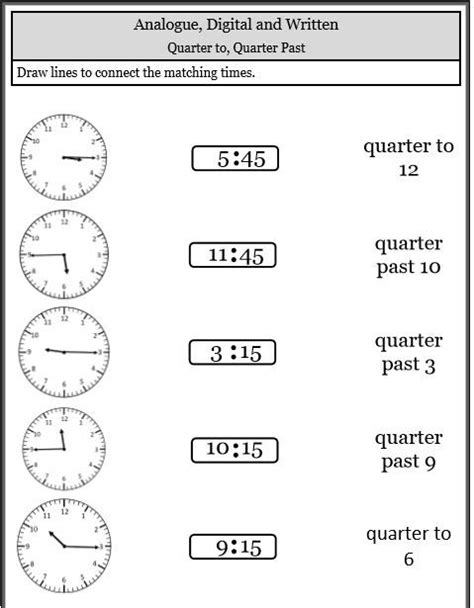 quarter past quarter to match up activity telling time