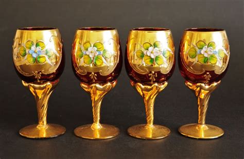 Four Rare Antique Moser Bohemia Handpainted Wine Glasses Hand