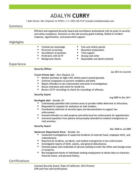 security guard resume  livecareer