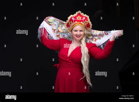 Girl Standing In Russian Traditional Costume Do Selfie Woman Is