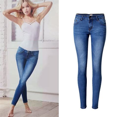 2018 women clothing mid waist tight elastic pure cotton washed denim