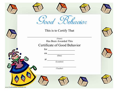 good behavior certificate template  printable