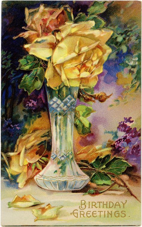 Yellow Rose Birthday Greetings ~ Vintage Image Old