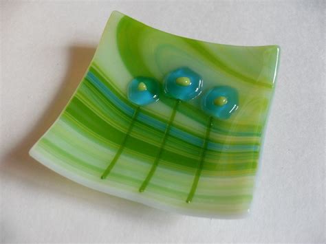 Whimsical Flowers Fused Glass Mini Dish Turquoise Green Swirl Fused