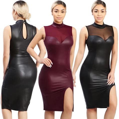 Women Faux Leather Mesh Bandage Bodycon Evening Club Party Cocktail