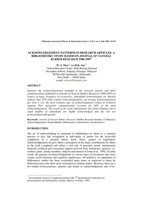 acknowledgement patterns  research articles  bibliometric