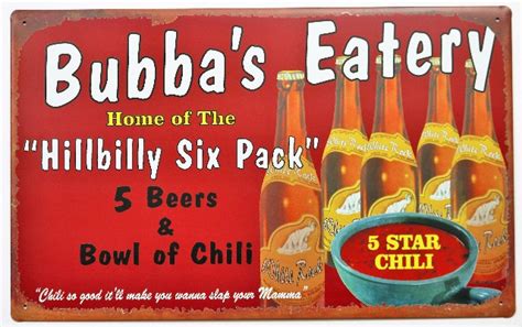 Bubbas Eatery Hillbilly Six Pack Tin Metal Sign Beer And