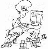Computer Cartoon Kids Woman Play Coloring Working Her Outlined Drawing Vector Office Leishman Ron Getdrawings Royalty sketch template