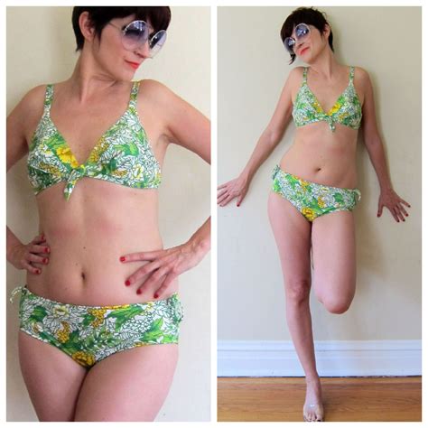 Vintage 1960s Floral Print Bikini In Green And Yellow