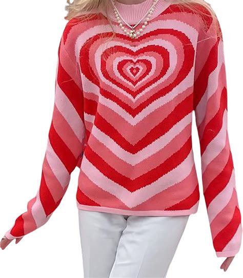 Deuyeng Women Love Heart Print Sweater Long Sleeve O Neck Knitted